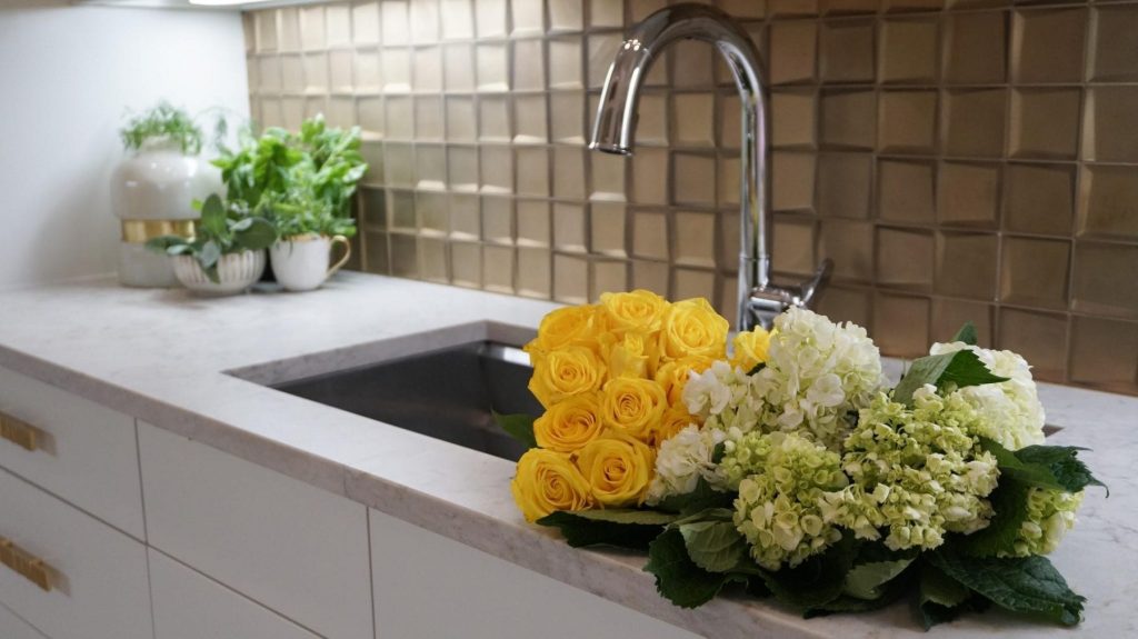 Flowers In Kohler Sink With Crossville Gold Backsplash In Butlers Kitchen Ideas By Hgtv Design Star Donna Moss Dallas Tx