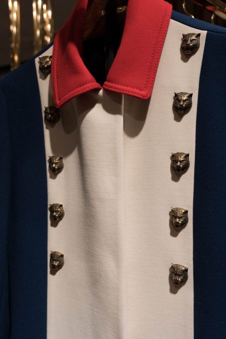 Red, White, And Blue Gucci Suit With Cat Head Buttons