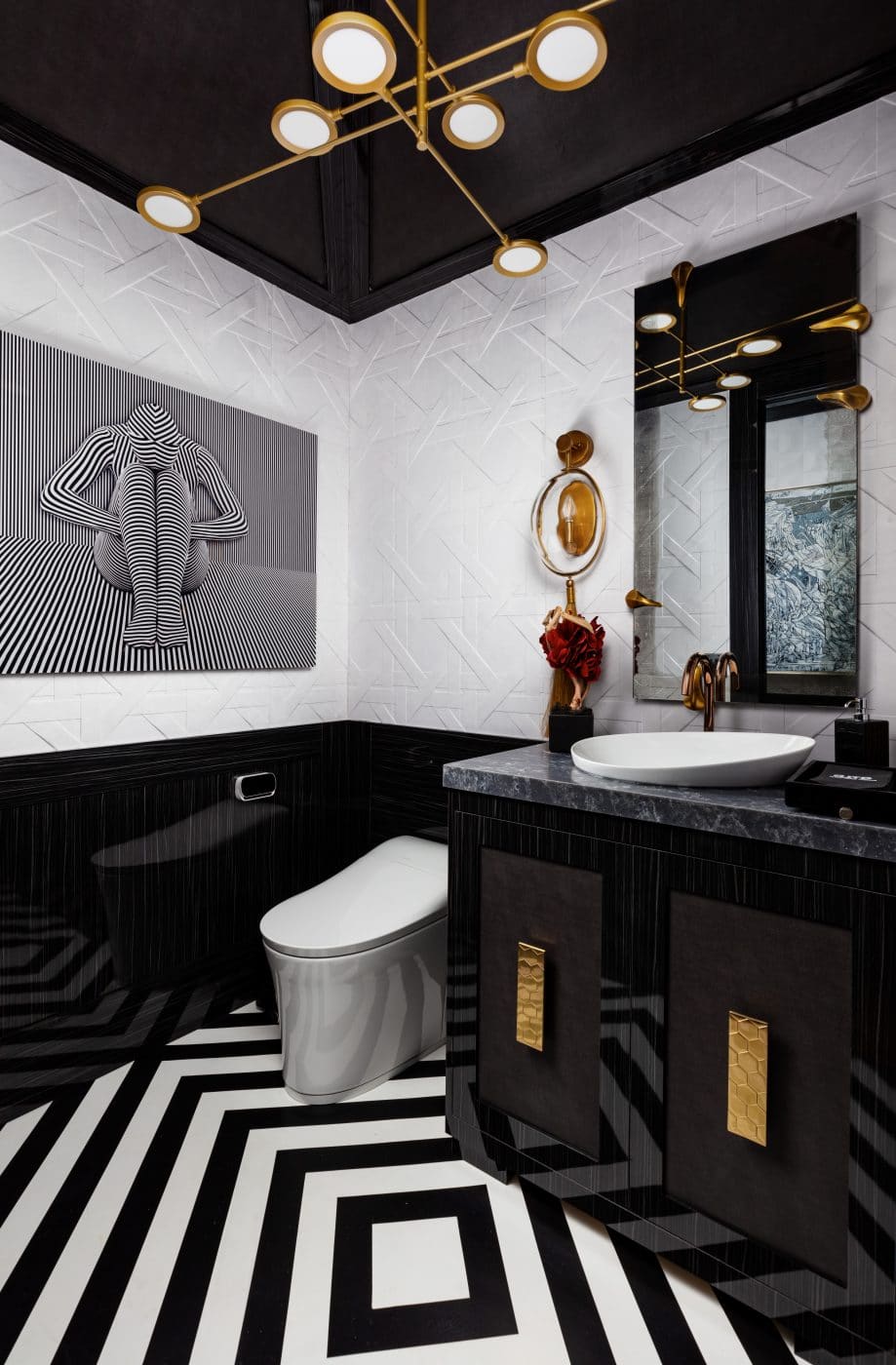 Black And White Tile Powder Room Ideas, Black Lacquer Vanity, Awesome Light Fixture By Palm Beach Designer Javier Fernandez, Interior Design Of Kips Bay Palm Beach Showhouse 2020, Architectural Photography