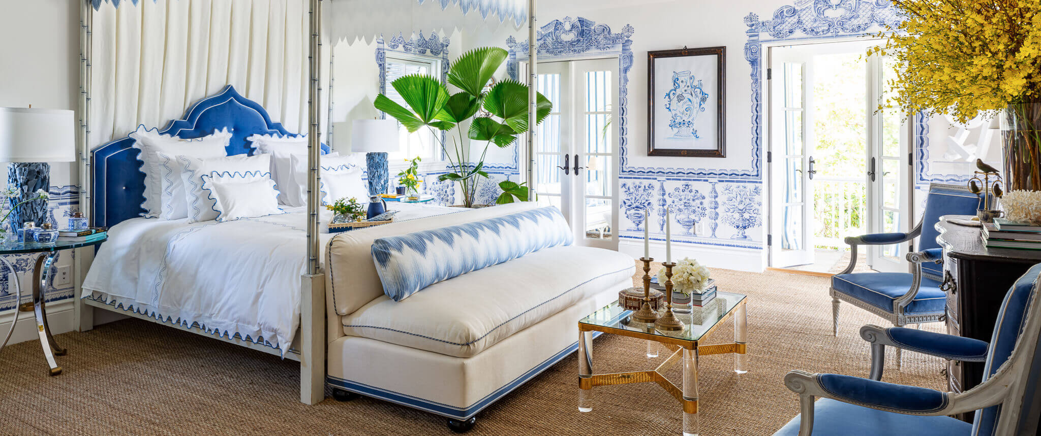 Blue & White Master Bedroom Suite by Alessandra Branca from Kips Bay Palm Beach Decorators Showhouse 2020 Show House