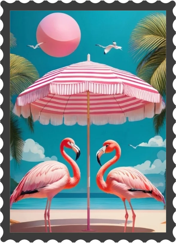 Flamingo in front of umbrella postcard